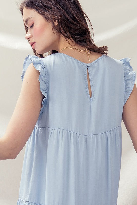 Casual Sleeveless Denim Maxi Dress - Babydoll Ruffle Long Dress
