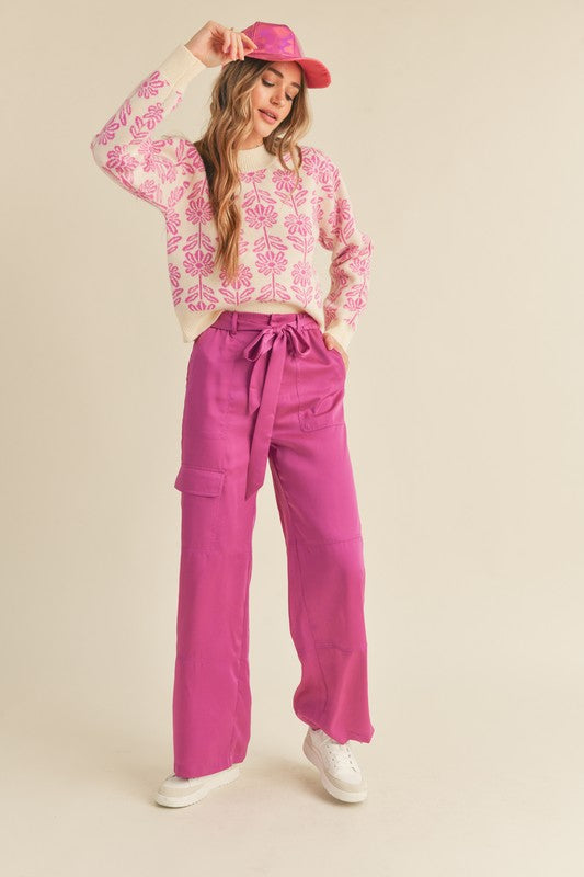 Cropped Pink Floral Knit Sweater – Soft Pullover, Cozy Style