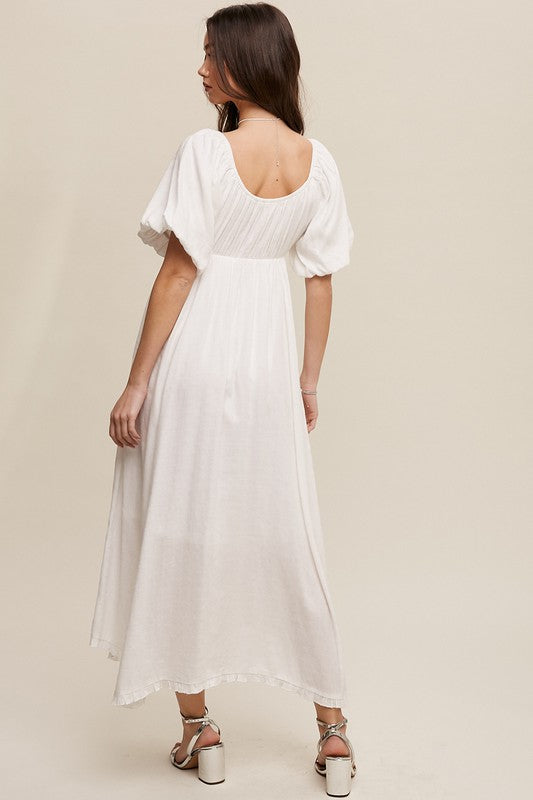 Women's White Puff Sleeve Empire Waist Flowy Maxi Dress - Summer Wedding Guest & Engagement Dress with Pockets