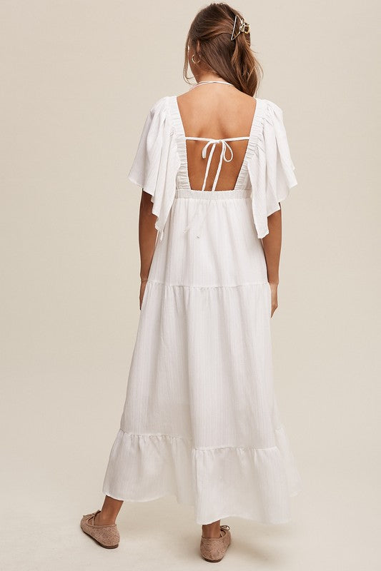 Women's White V-Neck Maxi Dress with Pockets - Ruffle Sleeve Flowy Summer Dress