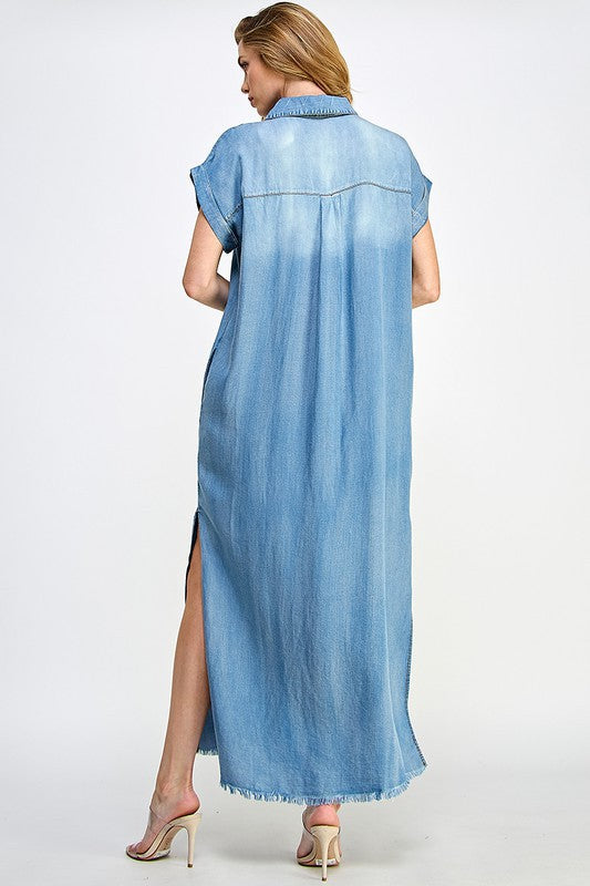 Loose Fit Denim Maxi Jean Short Sleeve Dress