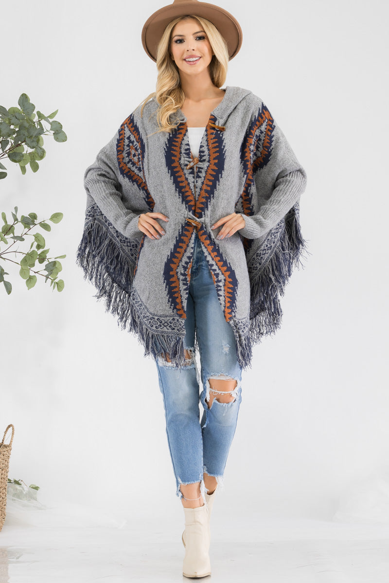Western Print Hooded Poncho Sweater with Toggle Closure & Fringe Hem