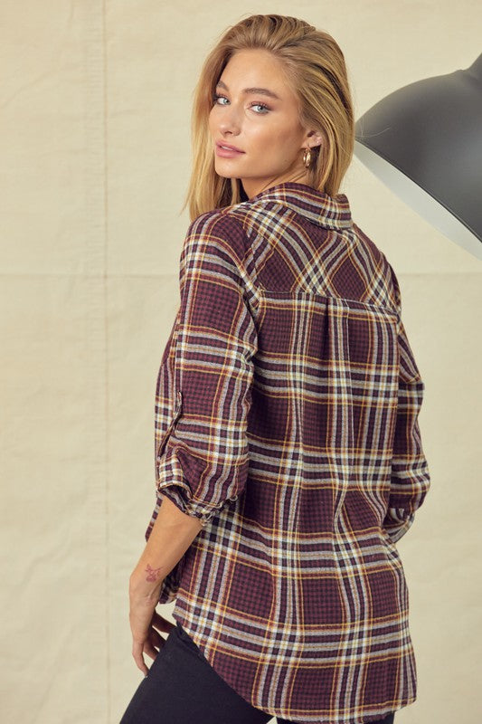 Classic Fit Plaid Shirt with Roll-Up Sleeves