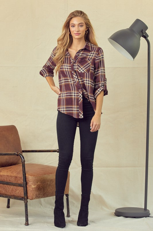 Classic Fit Plaid Shirt with Roll-Up Sleeves