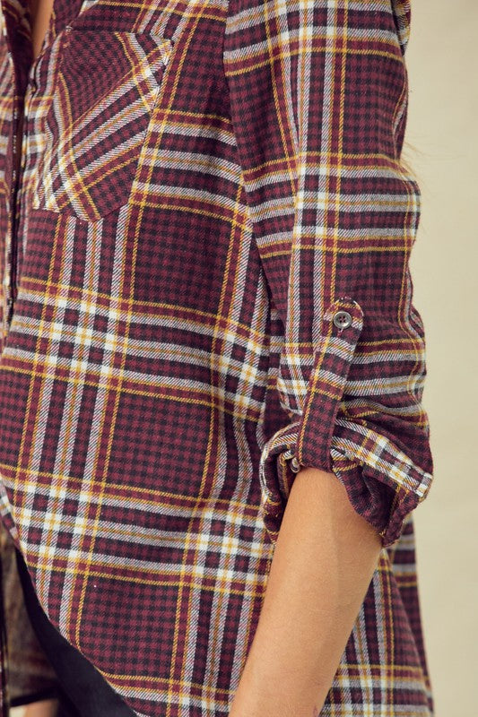 Classic Fit Plaid Shirt with Roll-Up Sleeves