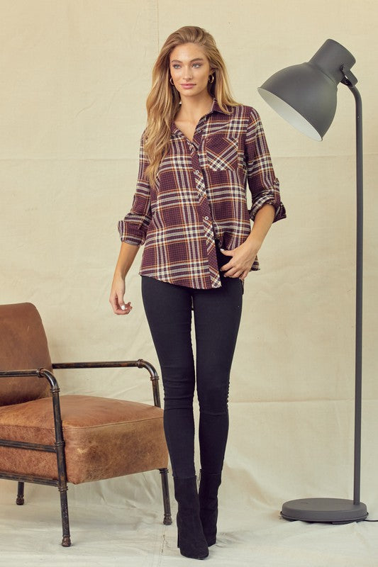 Classic Fit Plaid Shirt with Roll-Up Sleeves
