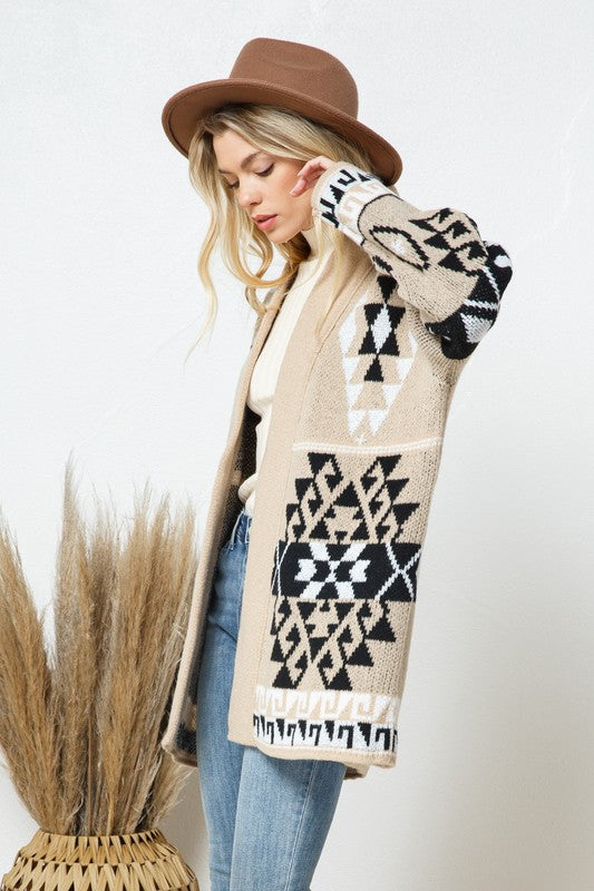 Western Boho Print Long Sleeve Duster Cardigan