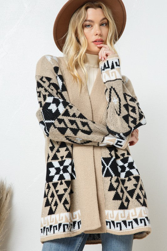 Western Boho Print Long Sleeve Duster Cardigan