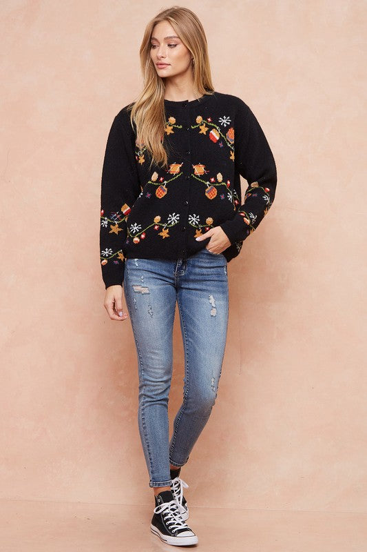 Holiday Patterned Button-Up Cardigan Sweater