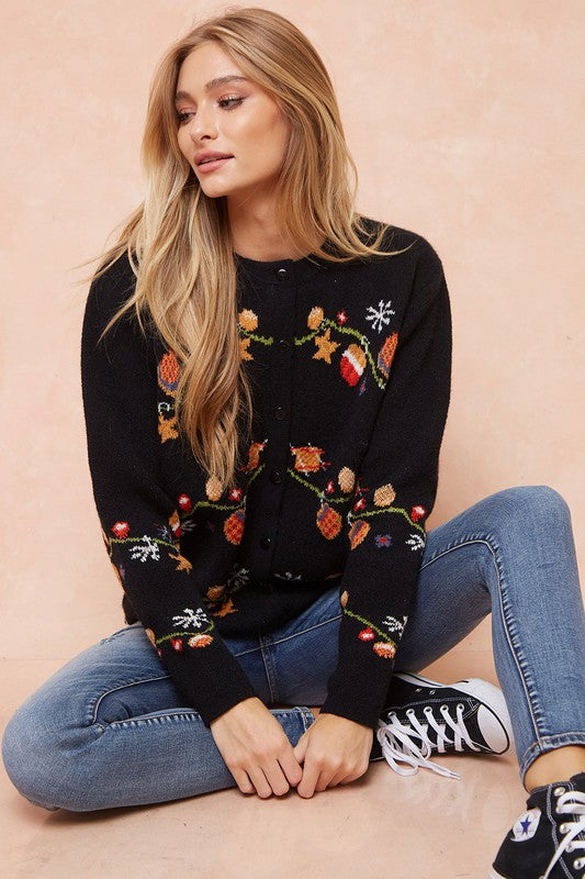 Holiday Patterned Button-Up Cardigan Sweater