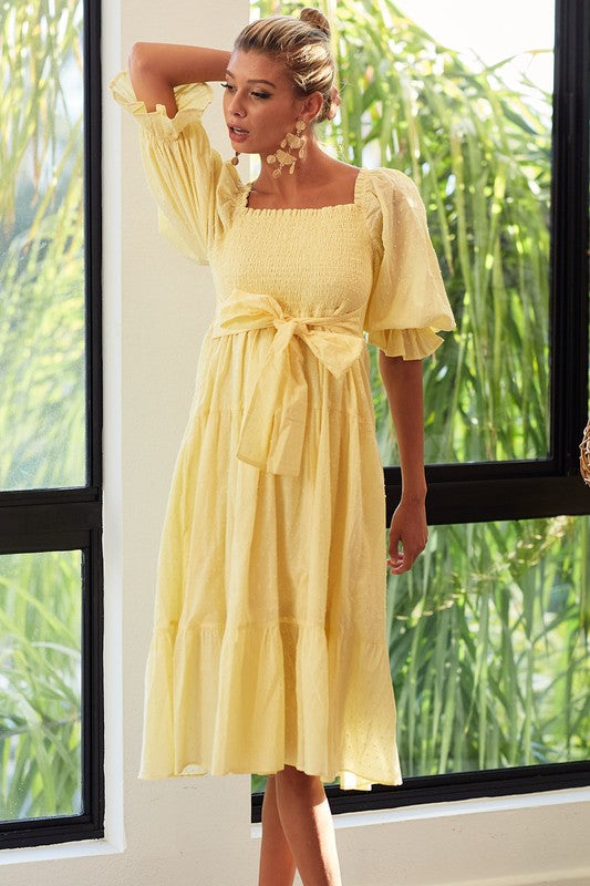 Yellow Smocked Tiered Midi Dress with Tie Back Detail - Women's Size Small to XL