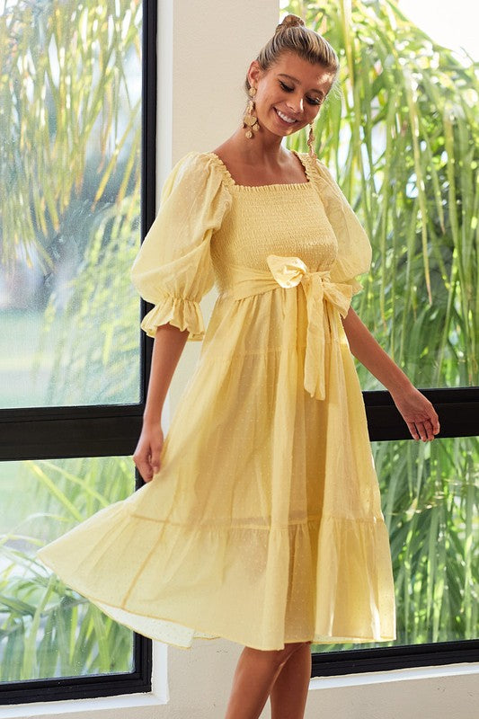 Yellow Smocked Tiered Midi Dress with Tie Back Detail - Women's Size Small to XL