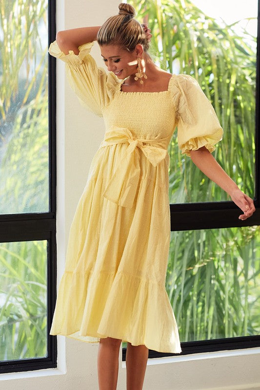 Yellow Smocked Tiered Midi Dress with Tie Back Detail - Women's Size Small to XL