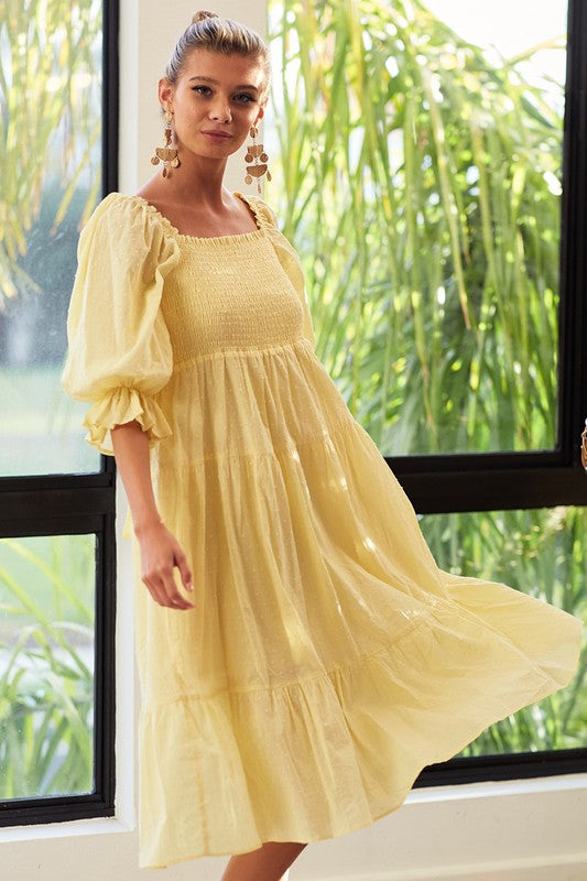 Yellow Smocked Tiered Midi Dress with Tie Back Detail - Women's Size Small to XL