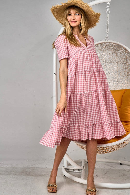 Checkered V-Neck Tiered Midi Dress - Women's Size Small to Large