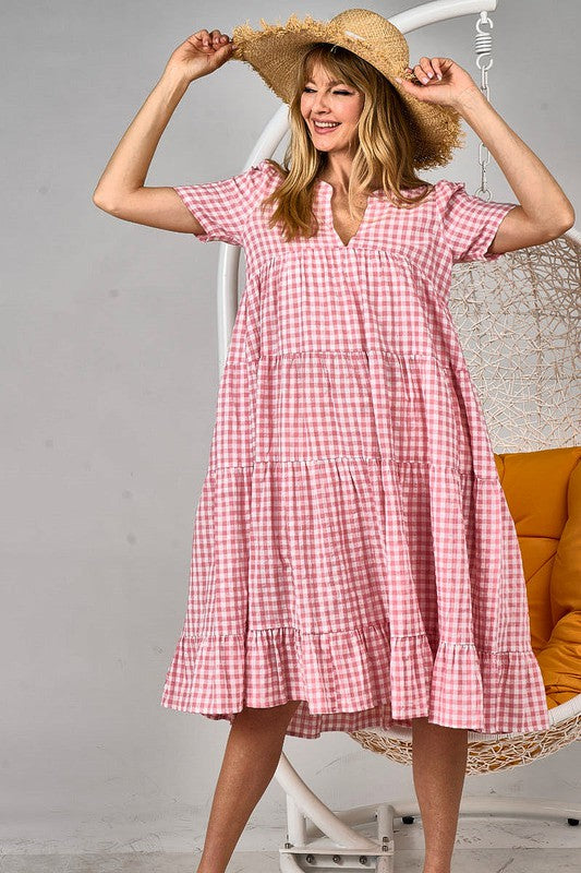 Checkered V-Neck Tiered Midi Dress - Women's Size Small to Large
