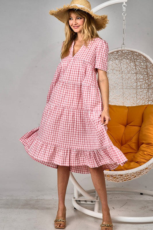 Checkered V-Neck Tiered Midi Dress - Women's Size Small to Large