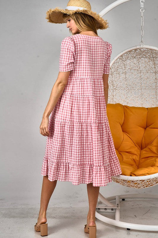 Checkered V-Neck Tiered Midi Dress - Women's Size Small to Large