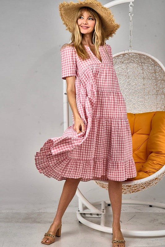 Checkered V-Neck Tiered Midi Dress - Women's Size Small to Large