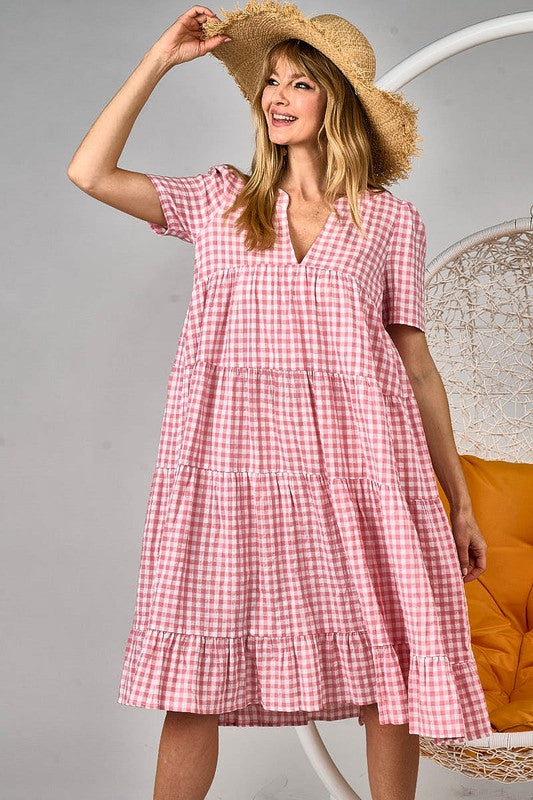 Checkered V-Neck Tiered Midi Dress - Women's Size Small to Large