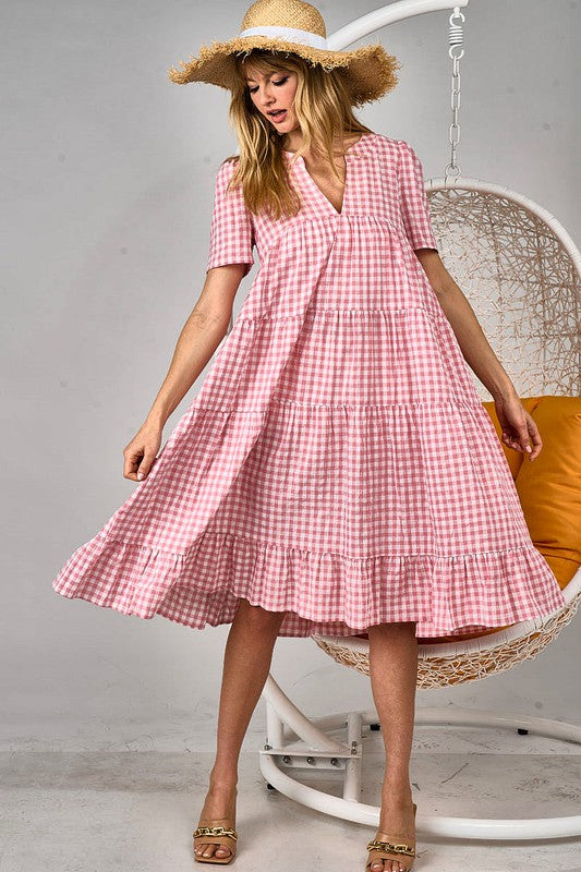 Checkered V-Neck Tiered Midi Dress - Women's Size Small to Large