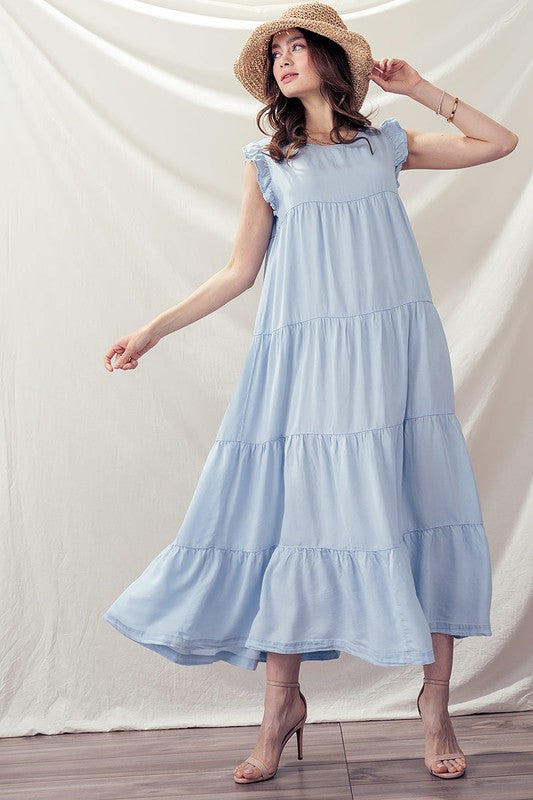 Casual Sleeveless Denim Maxi Dress - Babydoll Ruffle Long Dress