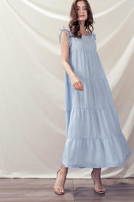 Casual Sleeveless Denim Maxi Dress - Babydoll Ruffle Long Dress