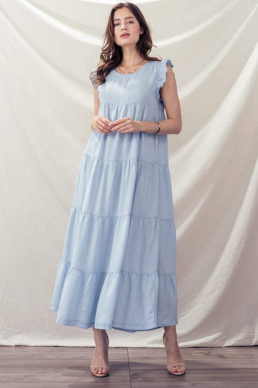 Casual Sleeveless Denim Maxi Dress - Babydoll Ruffle Long Dress