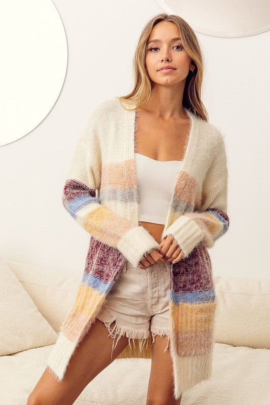 Cozy Eyelash Yarn Open Front Longline Cardigan for Women