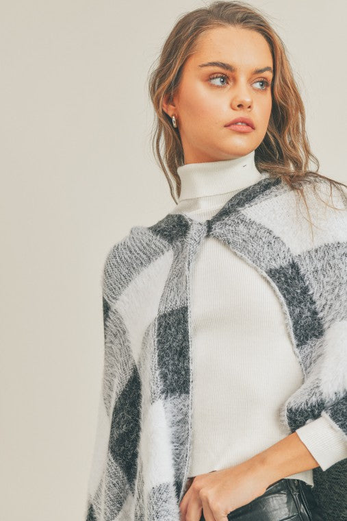 Fuzzy Hairy Checkered Hooded Poncho Sweater