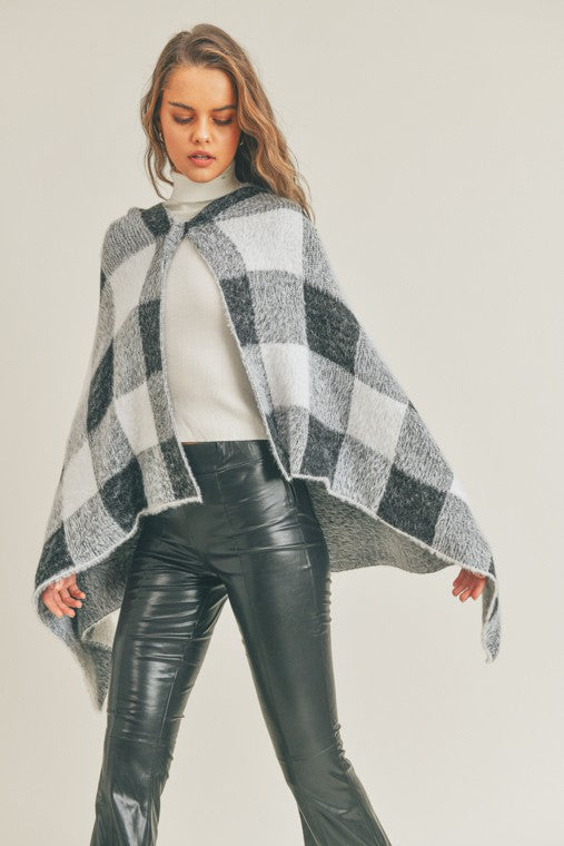 Cozy Knit Layer Fuzzy Hairy Checkered Hooded Poncho