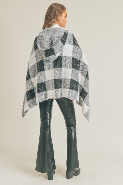 Cozy Knit Layer Fuzzy Hairy Checkered Hooded Poncho