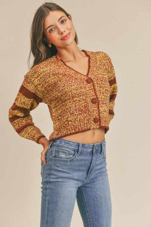 Contrast Striped Knit Crop Sweater Cardigan
