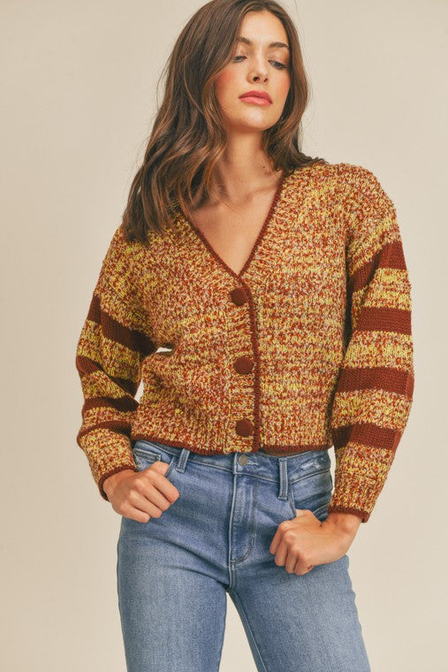 Contrast Striped Knit Crop Sweater Cardigan