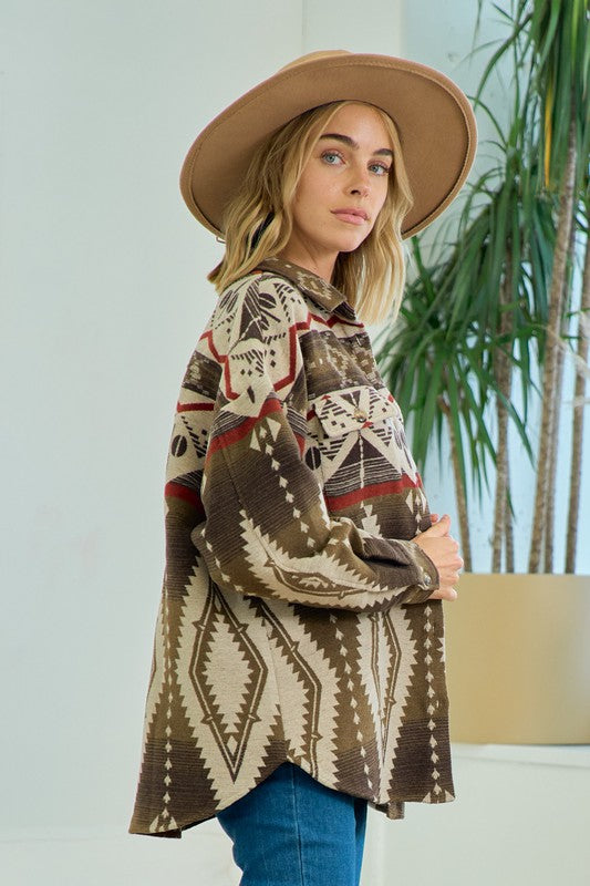 Western Print Button Front Blanket Jacket