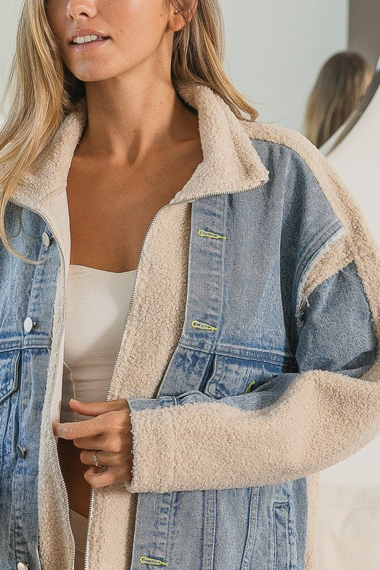 Washed Denim Attached Fleece Jacket
