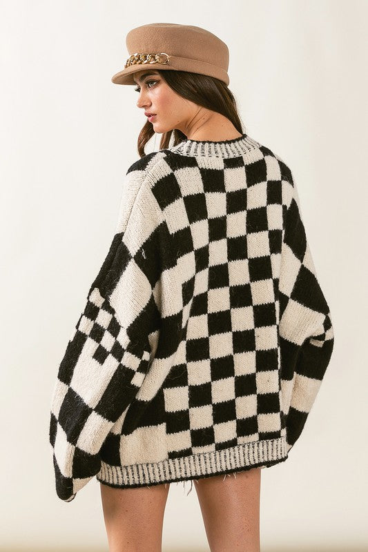 Trendy Oversized Checkered Cardi Sweater