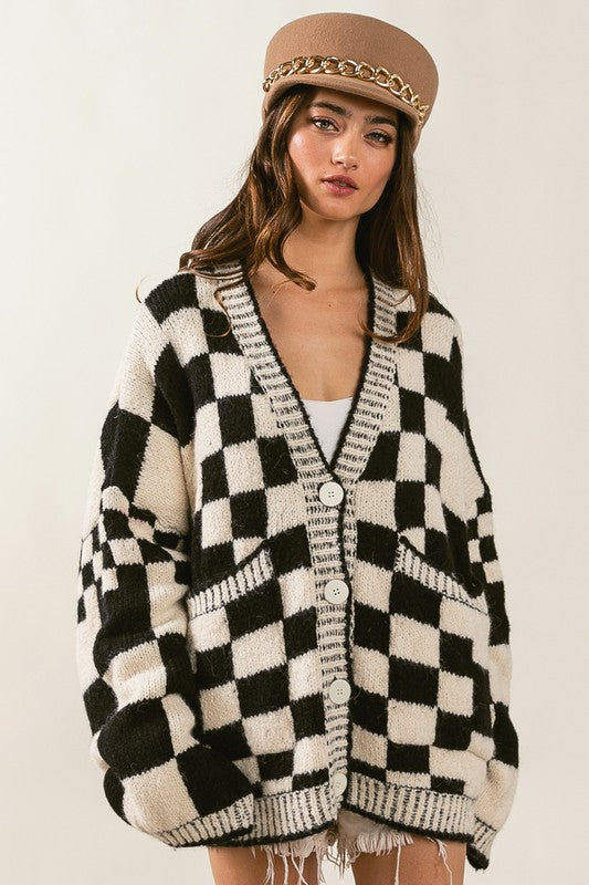 Trendy Oversized Checkered Cardi Sweater