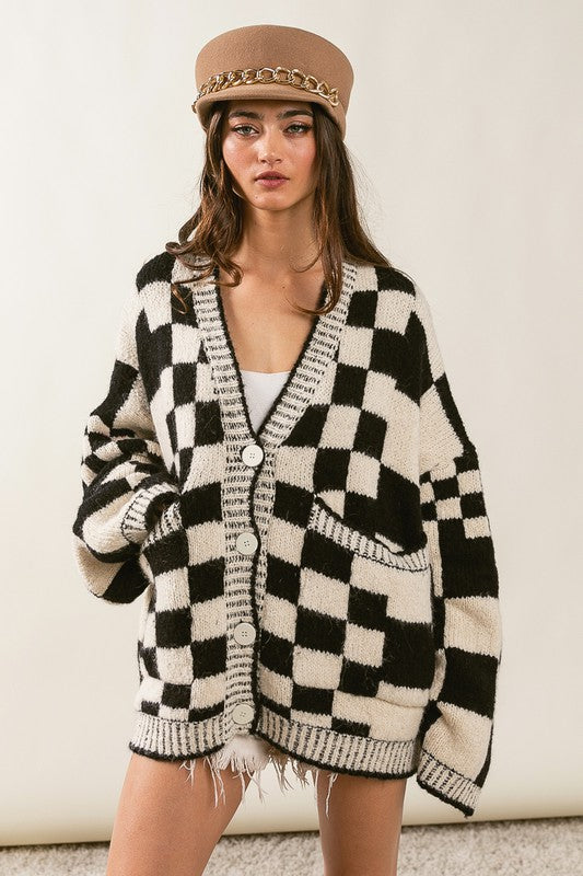 Trendy Oversized Checkered Cardi Sweater