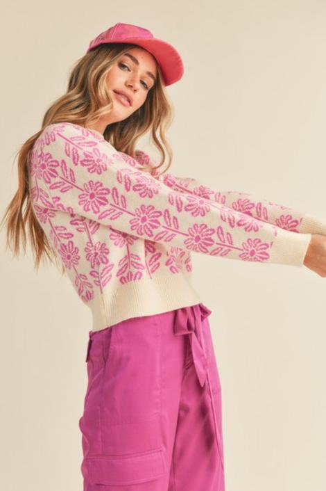 Cropped Pink Floral Knit Sweater – Soft Pullover, Cozy Style