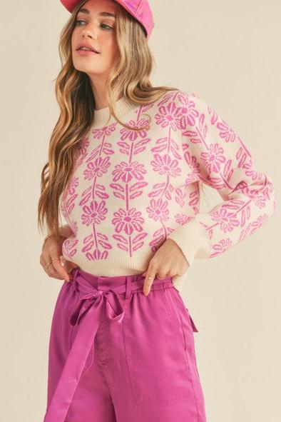 Cropped Pink Floral Knit Sweater – Soft Pullover, Cozy Style