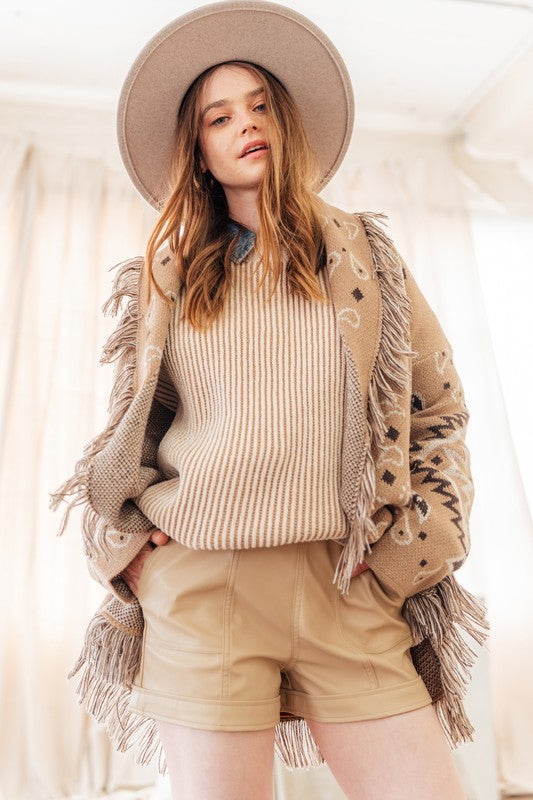 Soft Taupe Fringe Knit Cardigan for Women