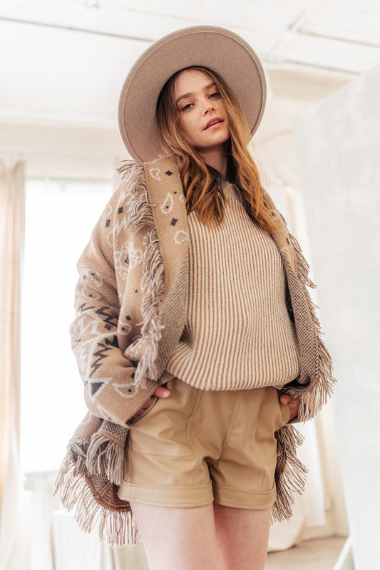 Soft Taupe Fringe Knit Cardigan for Women