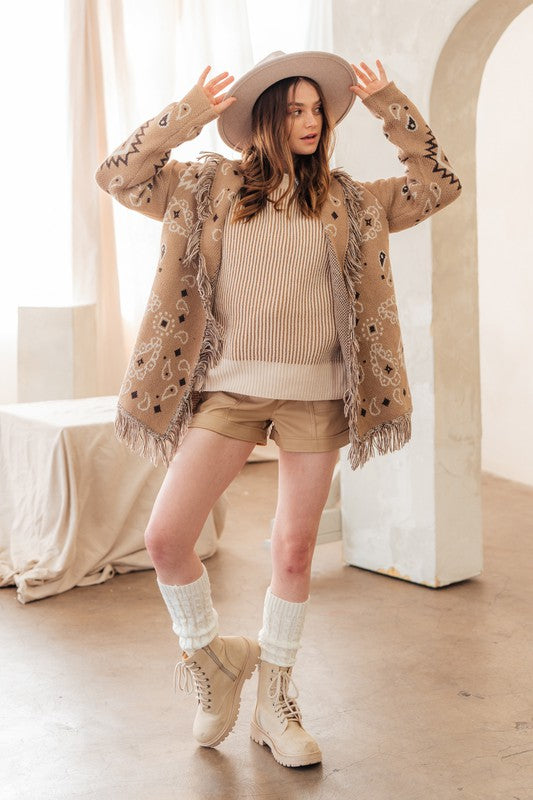 Soft Taupe Fringe Knit Cardigan for Women