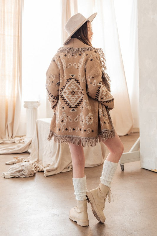 Soft Taupe Fringe Knit Cardigan for Women