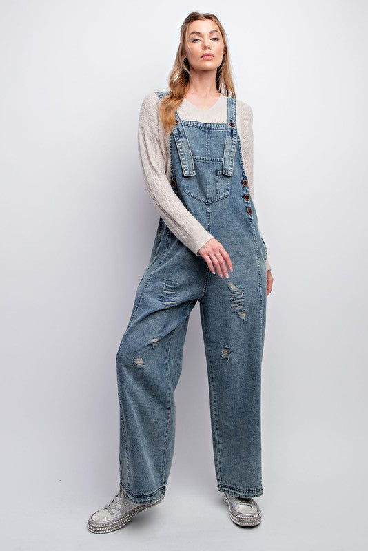Comfy Washed Denim Loose Fit Jumpsuit