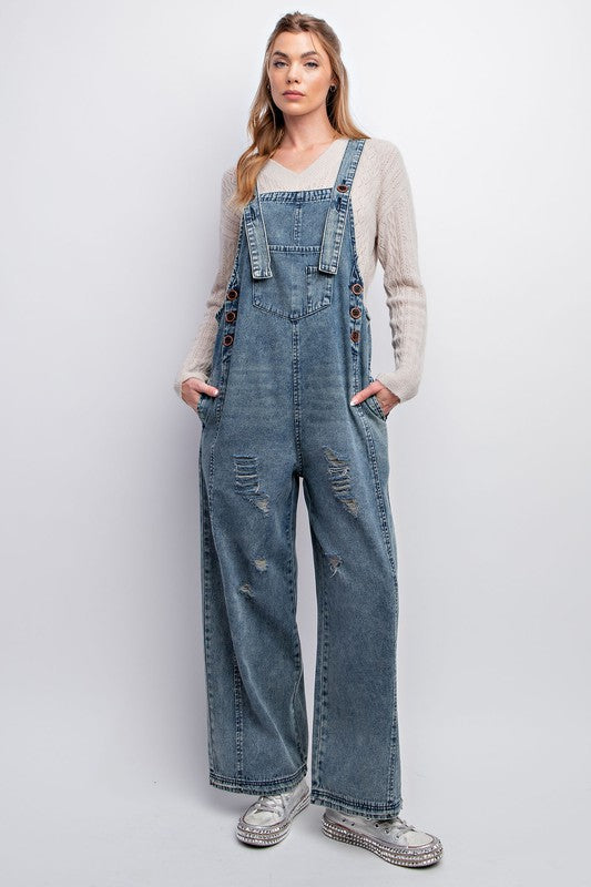 Comfy Washed Denim Loose Fit Jumpsuit