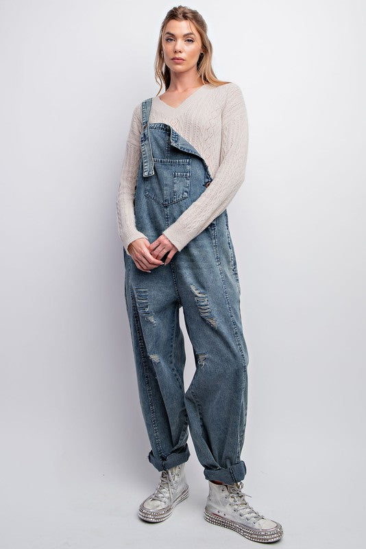 Comfy Washed Denim Loose Fit Jumpsuit