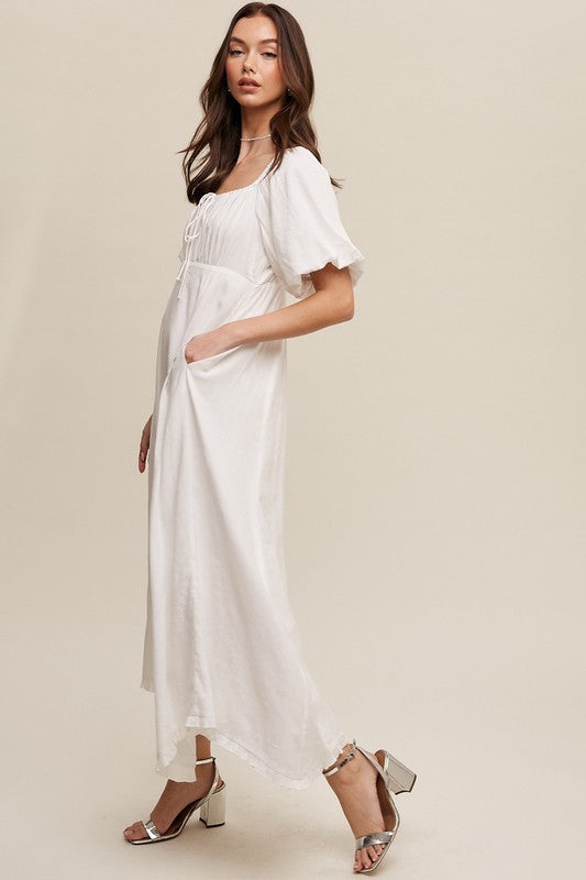 Women's White Puff Sleeve Empire Waist Flowy Maxi Dress - Summer Wedding Guest & Engagement Dress with Pockets