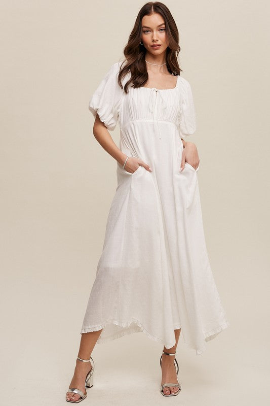 Women's White Puff Sleeve Empire Waist Flowy Maxi Dress - Summer Wedding Guest & Engagement Dress with Pockets